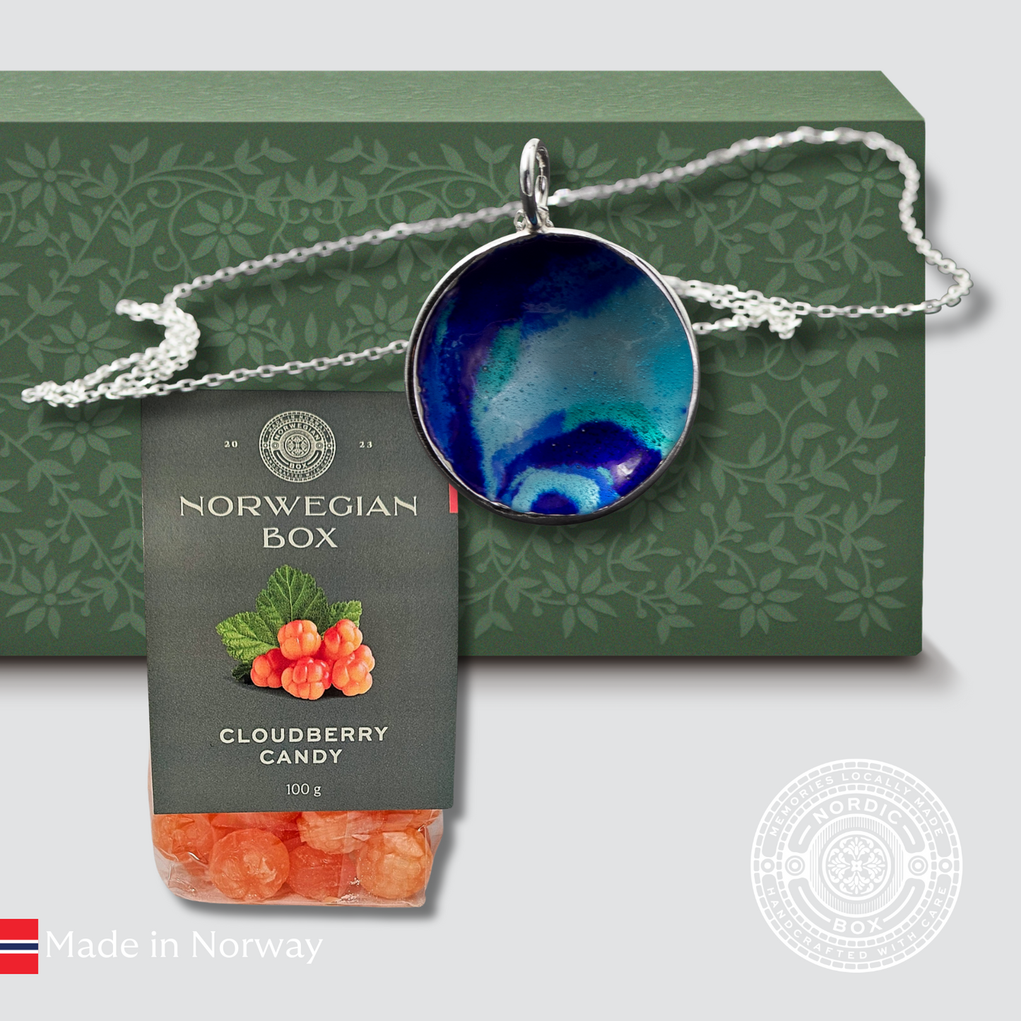 Silver and Enamel Northern Lights Necklace and Clouberry Candies